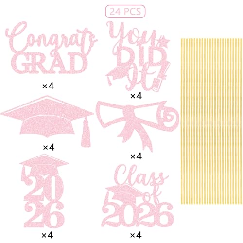 Image of Graduation Centerpiece Sticks 24PCS Glitter Grad Picks Party Table Decor Senior High School College Sign Pink
