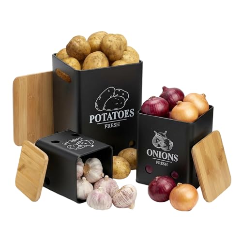 Vexnaro Lot de 3 Boite Pomme de Terre Oignon et Ai, Garde Les Légumes Frais Plus Longtemps,Oignons et Ail avec Couvercle en Bambou,Boite Conservation Pomme de...