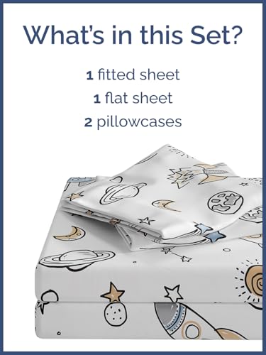 Image of Kids Full Size Outer Space Bed Sheets - 4 Piece Kids Outer Space Sheet Set | Outer Space Themed Bedding, Ultra-Soft, Cute & Cozy, Breathable & Machine Washable, Bed Set for Boys, Girls & Teens & Cooling