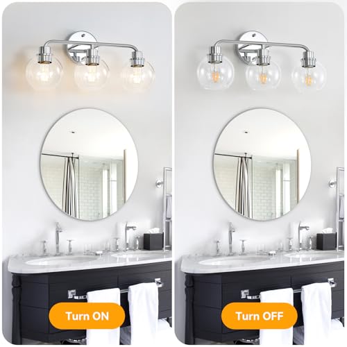 Image of Bathroom Light Fixtures Chrome Vanity Light Silver 3 Light Modern | Wall Sconces Lighting Bathroom Lights with Glass Shades Bath Wall Lights Wall Lamp for Mirror Kitchen Living Room Hallway