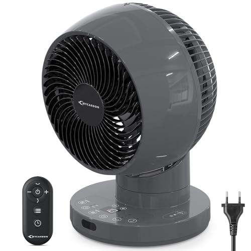 MYCARBON Turbo Ventilador de Mesa Silencioso 20dB Motor DC Ventilador Potente 30°-60°-90° Oscilación 11 Velocidades Temporizador 12h y Encendido Programado, con Control Remoto