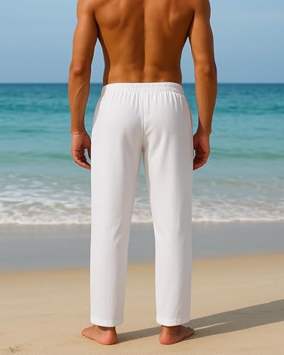 ZAFUL Mens Cotton Linen Pants, Summer Beach Pants Casual Loose Fit with Elastic Waist Drawstring3