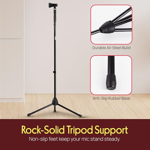 Image of Pyle Tripod Microphone Stand, Height Adjustable from 39.37 inch to 66.14'', Mic Stand for Floor, Sturdy and Durable Build, Non-Slip Rubber Feet, With 5 /8 inch Screw Adapter, Cable Clip, Compact Folding Design