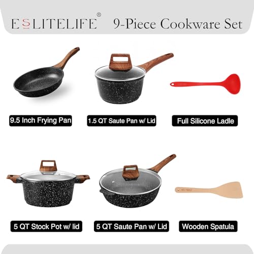 Image of ESLITE LIFE Nonstick Cookware Sets, 9 Pcs Granite Coating Pots and Pans Set Kitchen Cooking Set, Compatible with All Stovetops (Gas, Electric & Induction), PFOA Free, Black
