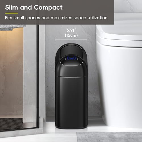 Image of EKO Astro Slim Sensor Trash Can, 10L / 2.6 Gallon Touchless Garbage Bin with Soft-Close Retractable Wing Lid, Motion Sensor Stainless Steel Trash Can for Bathroom and Office, Waterproof, Black