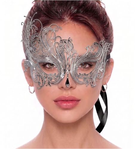 Image of Metal Filigree Masquerade Mask for Women - Swan Style Mask with Rhinestones for Mardi Gras, Prom, Halloween & Venetian Party
