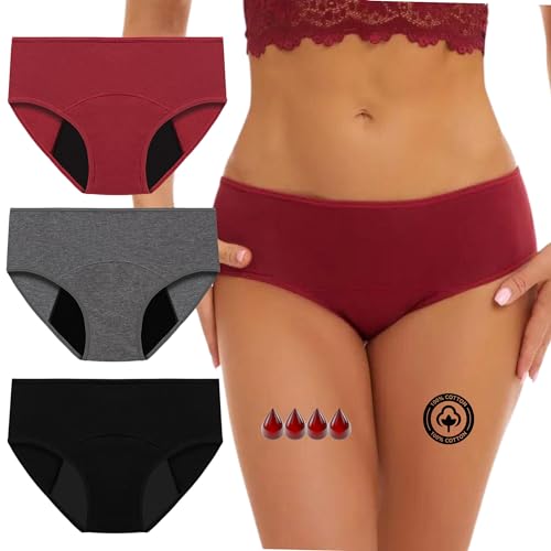 NUBE ROJA Bragas Menstruales Flujo Abundante Bragas Postparto Mujer Periodo Menstrual Ropa Interior de Algodón Cintura Media, Absorbentes, Lavables, Cómodas y Transpirables, Pack DE 3. (XL)
