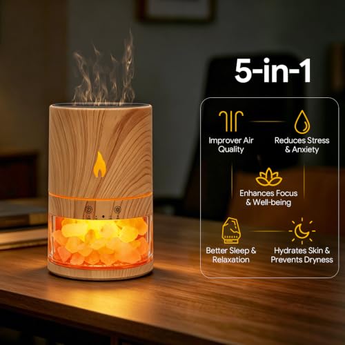 ZWH 5-in-1 Flame Himalayan Salt Lamp Ultrasonic Essential Oil Diffuser, Cool Mist Humidifier, 1H/3H/6H Timer, Auto Shut-Off, Quiet Aromatherapy, 100% Pure Salt Crystals, 250ml (Wood) - Image 2