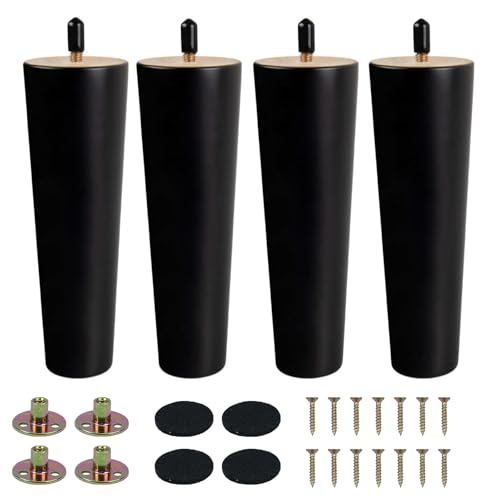 KINDPMA 4PCS Solid Wood Furniture Legs 20cm Wooden Sofa Legs Chair Legs Table Leg Black Furniture Replacement Feet with Mounting Plates Screws Non-Slip Mat for Chair Bed Couch Table TV Cabinet