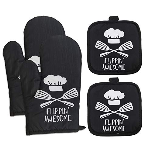 Unisun Ofenhandschuhe und Topflappen-Set, hitzebeständige Ofenhandschuhe, rutschfeste Topflappen für Küche, Kochen, Backen, Grillen und Grillen, 4 Stück (2 Ofenhandschuhe und 2 Topflappen), schwarz