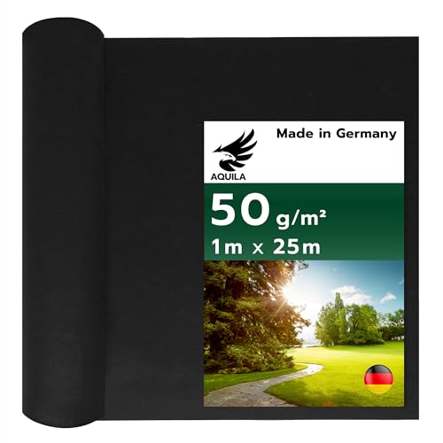 AQUILA Profi Unkrautvlies zur Wurzelsperre Verhindert Durchdringen von Unkraut Reißfest 50 g/m hochwertige Unkrautfolie mit Wasserdurchlässigkeit Made in GER 1m x 25m