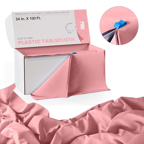 Image of Party Solids 54 Inch X 100 Feet Pink Plastic Table Cover Roll in A Cut - to - Size Box with Convenient Slide Cutter. Cuts Up to 12 Rectangle 8 Feet Plastic Disposable Tablecloths