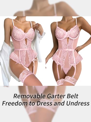 Image of Lilosy Sexy Stocking Lace Mesh Bodysuit Top Underwire Garter Lingerie Set 3 Piece
