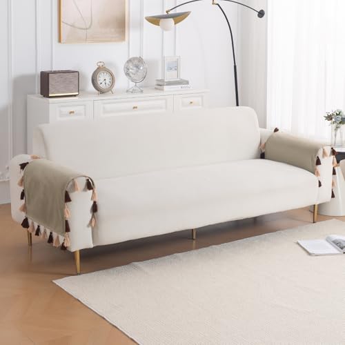 Image of HOKIPO Premium Holland Velvet Armrest Covers with Tassel for Sofa - 'TasselTone Series' (2 Pcs), Sand Beige (IN-1102-BGE*2SM)