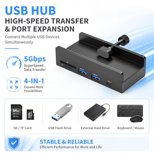 Image of COMFYHOME Clamp USB Hub 3.0 for PC,5 Multi Port Adapter with USB3.0,USB C,SD /TF Card Reader,5Gbps High Speed Data Transfer,USB Port Dock for Table Desktop Laptop Mac