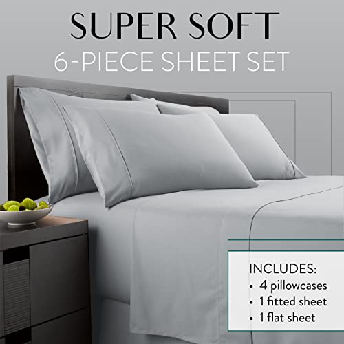Danjor Linens Bed Sheet Set Queen Size for Hot Sleepers, Hotel Premium Sheets with 4 Pillowcases, Lightweight Brushed Microfiber Deep Pockets, Breathable Cooling 6 Piece Bedding Sets, Light Gray