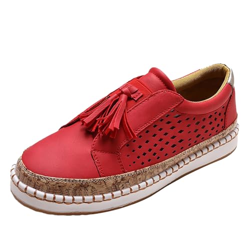 biJerou Zapatillas de mujer hechas de tela con suela blanca gruesa y cordones, cómodo corte bajo en la parte superior, ideales para ropa casual e informal, ligeras y conscientes de la moda, rojo, 42