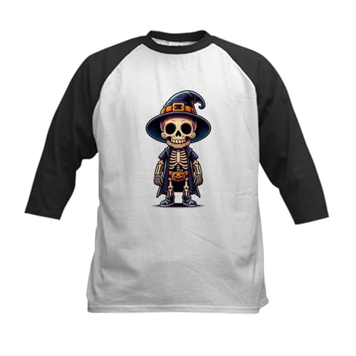 CafePress Halloween Spooky Skeleton Witch Kids Baseball T Shirt Kids Cotton Baseball Jersey, 3/4 Raglan Sleeve Shirt Black/White