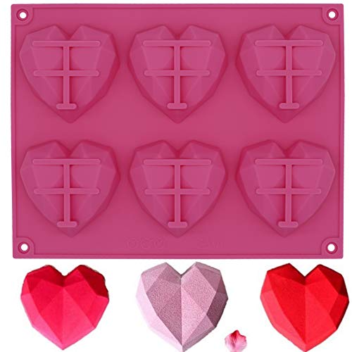 Fyuan Moule à Dessert en Silicone Chocolat pour Mousses Moule Glaçage Moule à Gâteau Pan Moule à Cupcake, Cœur Diamant 6 Trous, Rose, Lot de 1