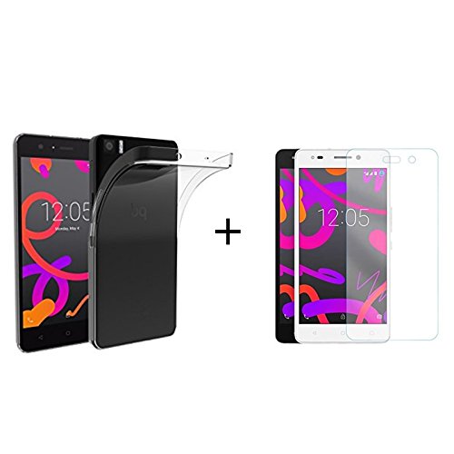 Mb Accesorios Pack Protector de Pantalla, Cristal Templado con Pegamento Completo + Funda Transparente BQ AQUARIS M5.5/M 2017