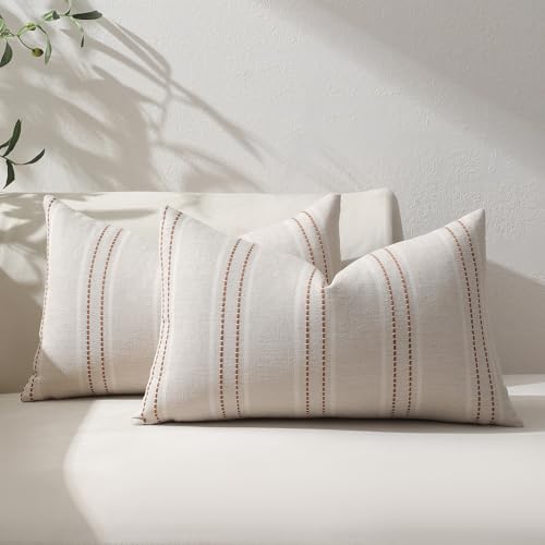 Image of Hckot Fall Throw Pillow Covers 12x20 Set of 2 Striped Pillow Covers Textured Linen Decorative Pillows Square Cushion Covers for Sofa Couch Bed Living Room Farmhouse Decor(Caramel)