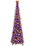 TURNMEON Orange & Purple Lights 5 Ft Halloween Black Tree Timer 50 Lights Battery Operated Pumpkin Top Sequin Tinsel Artificial Pop Up Pencil Halloween Decoration Home Indoor Outdoor