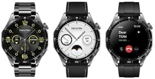 ساعة ذكية ألمانية مقاومة للصدمات RW-56 مع 3 أشرطة (فولاذ مقاوم للصدأ / جلد / سيليكون) - شاشة أموليد دائرية - مكالمات بلوتوث - شحن لاسلكي، لون كلاسيكي / رياضية / عصرية، (أسود) موديل RW-44