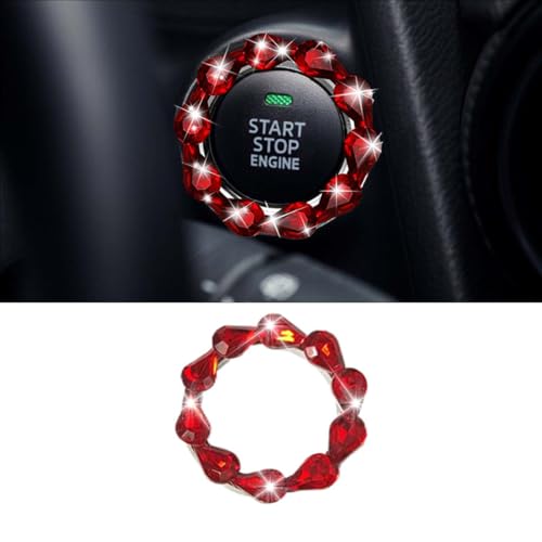 Bling Car Engine Start Stop Button Decoration Ring, Crystal Push to Start Button Emblem Sticker, Key Ignition Starter & Knob Protection Cover, Universal Car Interior Accessories for Women (Red)