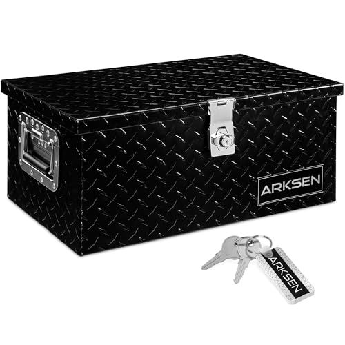 ARKSEN 20 x 12 x 10 Inch Diamond Plate Truck Bed Tool Box, Heavy Duty Waterproof Aluminum Storage Chest with Side Handle & Lock for Pickup Truck Bed, RV & Trailer Black