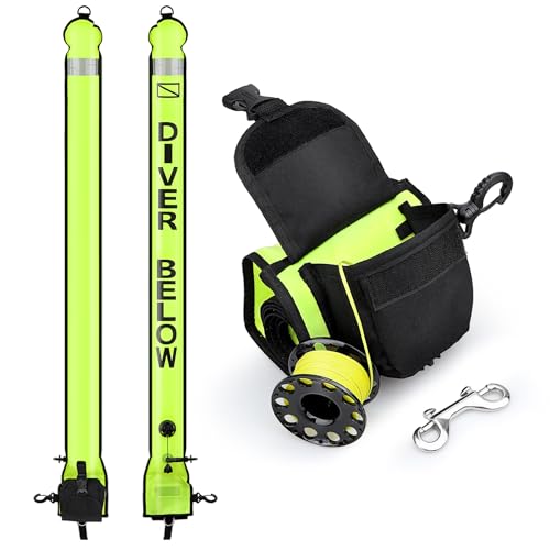 Image of Surface Marker Buoy Scuba with Reel, 5ft High Visibility Diving Open Bottom Signal Tube Safety Sausage with Pouch Bag, 100ft ABS Dive Reel and Steel Double-Ended Bolt Snap (Hi-Vi Yellow)