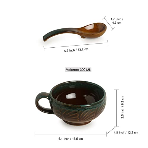 Image of ExclusiveLane Handled Soup Bowl with Spoon Ceramic (Set of 2, 300 ml, Microwave Safe, Hand-Glazed, Amber with Teal Tints) |Ceramic Soup Bowl with Handle Soup Bowls with Spoons Soup Bowl Set