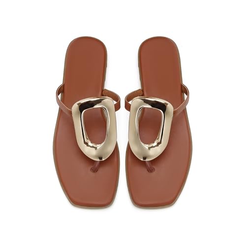 Image of Wnshonzy Flip-Flops for Women Thong Sandals Flat Slip on Slides Beach Comfort Open Square Toe Ladies Slipper Dressy Metal Hardware Decoration Summer Shoes Casual Fashion