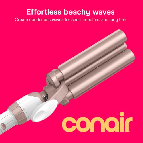 Image of Conair Double Ceramic 3 Barrel Curling Iron, Triple Barrel Waver Hair Tool Creates Deep, Continuous Waves, Hair Curler for All Hair Lengths, White /Rose Gold
