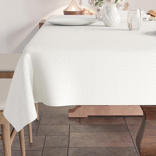 Image of Encasa XO Dining Table Cover Rectangular 142x183 cm | Waterproof Textured Polyester Dining Table Cloth | Machine Washable Tablecloth | ZZ White