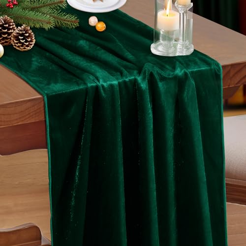 P Pothuiny Velvet Green Table Runner 20 x 120Inch/ 10ft Long Luxurious Elegant Velvet Fabric Table Runner for Wedding Reception, Thanksgiving, Halloween, Christmas Decor