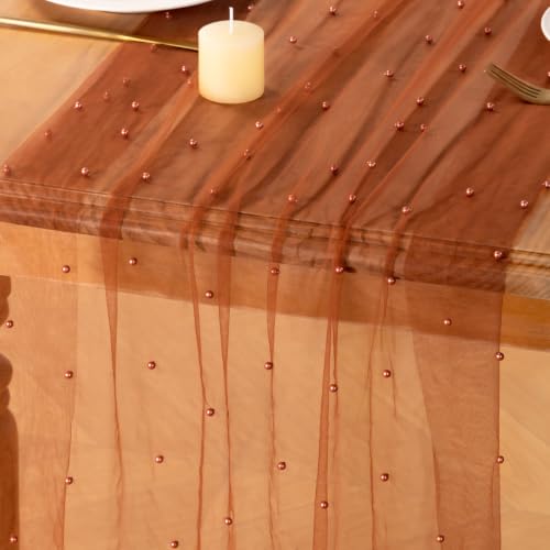 Image of MLMC Terracotta Pearl Table Runner Sheer Tulle Gauze Table Runner 10Ft