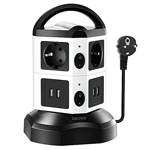 Regletas Enchufes Regleta Enchufes USB, bedee Enchufe Vertical con 6 Tomas Corrientes y Regleta Enchufes con 4 USB Tomas Rápida, Cable de 2M,...