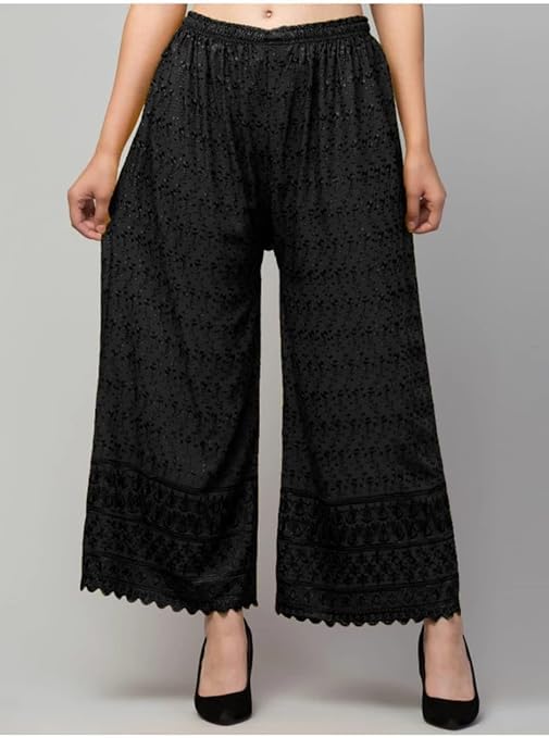Image of Women's Palazzo Pants Rayon Trousers Chikankari Embroidered Lace Trim Wide Leg Straight Fit Flared Palazzo for Girls & Women