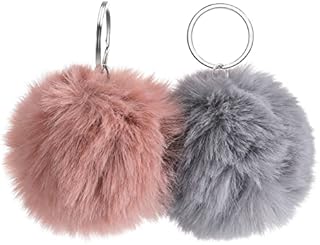 ueslwser 2Pcs Pom Pom Keyring Womens Faux Fur Fluffy Pompom Keychain Cute Soft Keyring Pom Pom Charm Hanging with Car Key Backpack Handbag