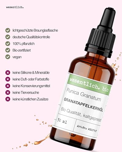 Foto von wesentlich. Bio Granatapfelkernöl | Anti-Aging Gesichtsserum | 100% Rein & Kaltgepresst | Wirkstofföl für reife & trockene Haut | 50ml