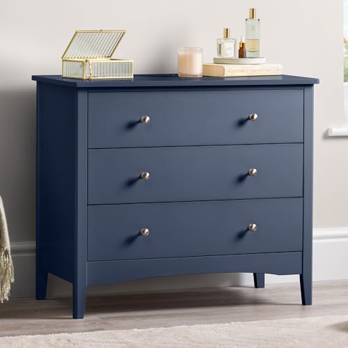 CHRISTOW Navy Blue Chest Of Drawers, 3 Drawer Storage Organiser Unit, Modern Wooden MDF Bedroom Cabinet Furniture, Living Room Hallway, Brushed Chrome Handles, Easy Glide Runners (70cm x 80cm x 40cm)