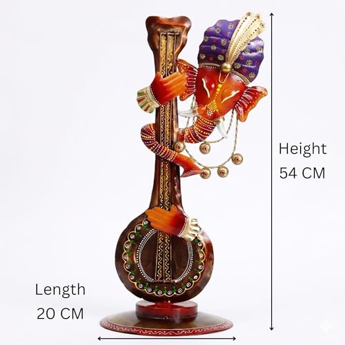 Image of Handcrafted Ganesha with Veena Decorative Showpiece, Multicolour, Metal, 54 x 20 CM