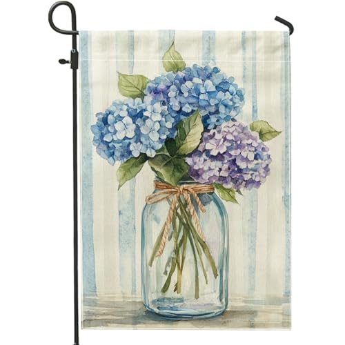 Bandera de jardín de hortensias de primavera y verano, tarro floral azul violeta para decoración al aire libre, bandera de arpillera de doble cara para decoración del hogar y césped, 12 x 18 pulgadas
