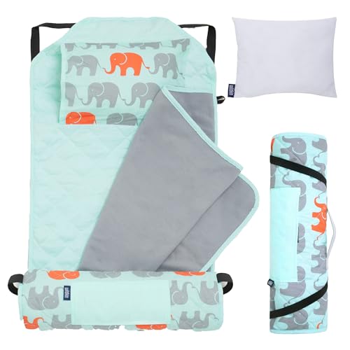Image of Wildkin Modern Kids Nap Mat with Pillow for Boys & Girls - Cotton Blend, Elastic Straps, Toddler Sleep Mat for Daycare, Preschool, Kindergarten & Travel, Ages 3-7, Machine Washable - Elephants
