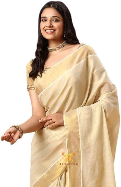 Women's Kerala Kasavu Golden Colour Tissue Saree With Running Blouse (Saree 5.5 meter, Blouse 0.8 meter)