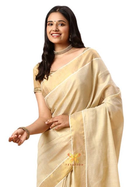 texation Women's Kerala Kasavu Golden Colour Tissue Saree With Running Blouse (Saree 5.5 meter, Blouse 0.8 meter)-picture-36