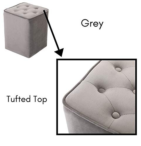 Birdrock Home Tufted Grey Velvet Ottoman Foot Stool - Square - Soft Compact Padded Stool - Great For The Living Room, Bedroom And Kids Room - Upholstered Small Furniture #TOP3