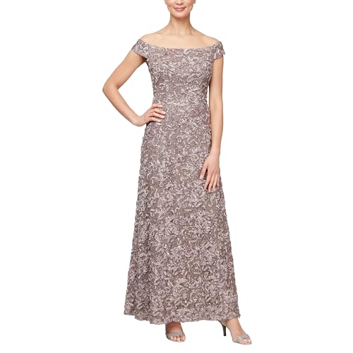 Alex Evenings Women's Long Rosette Off The Shoulder A-line Dress, Formal Event, Weddings (Petite and Regular Sizes)