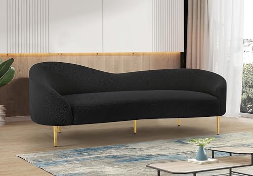 Image of Rosewood Luxury Curved Sofa in Premium Boucle Fabric | Solid Wood Structure | High Density Foam | Sturdy Golden Legs | Comfortable & Stylish Couch for Modern Living Room (Black, 3 Seater)