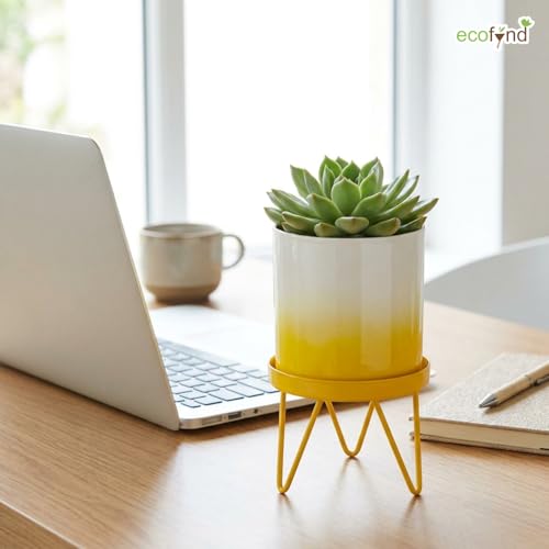 Image of ecofynd Lucas Metal Plant Pot with Yellow Stand, Modern Style Planter Set, Indoor Outdoor Home Decor Item for Garden Plants Flower, Balcony, Patio, Living Room, Garden, Bedroom (PWS032-WHTYLW)